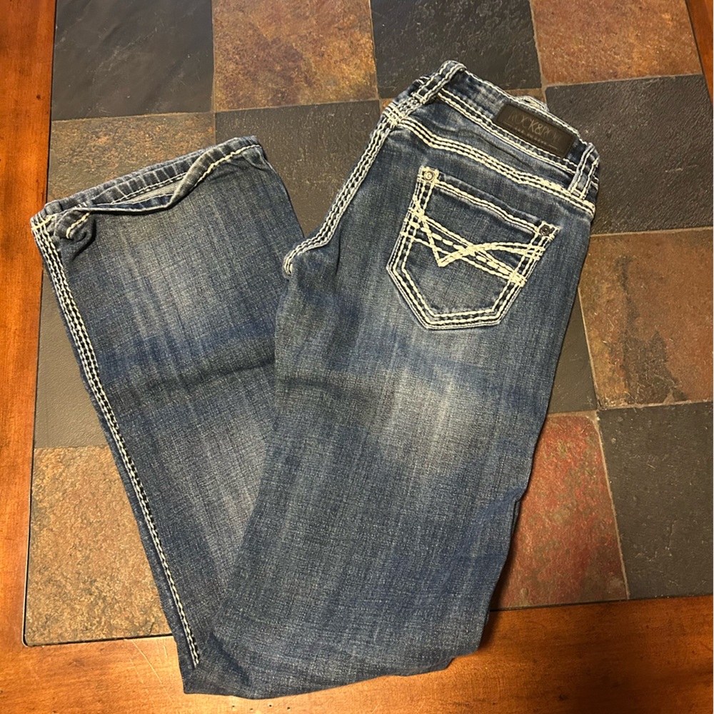 Rock & Roll Cowgirl Blue Boot Cut Jeans with Distressed Detailing